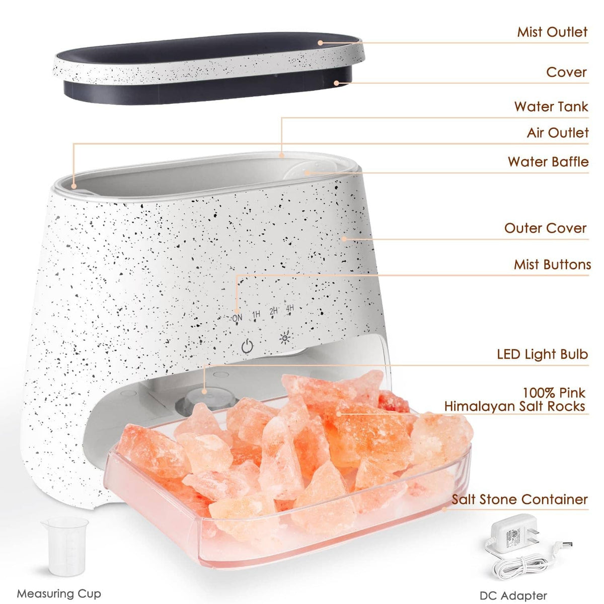 Off-white speckled salt lamp diffuser with cutaway view of internal water tank and tray