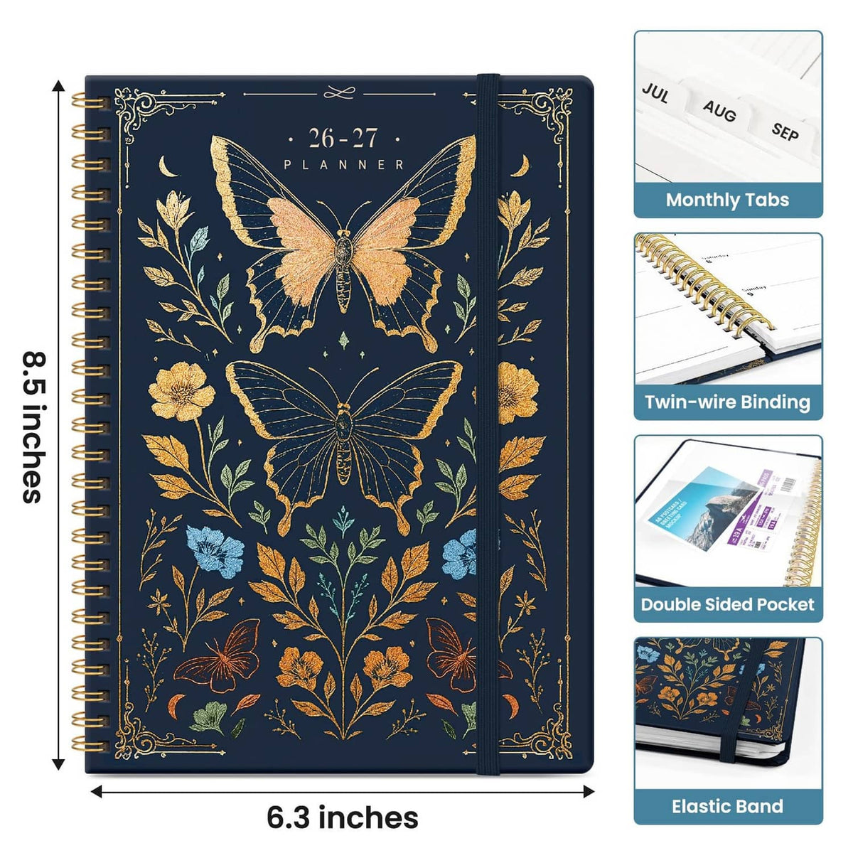 Blue 6.3 x 8.5 planner with gold butterfly artwork and twin-wire binding