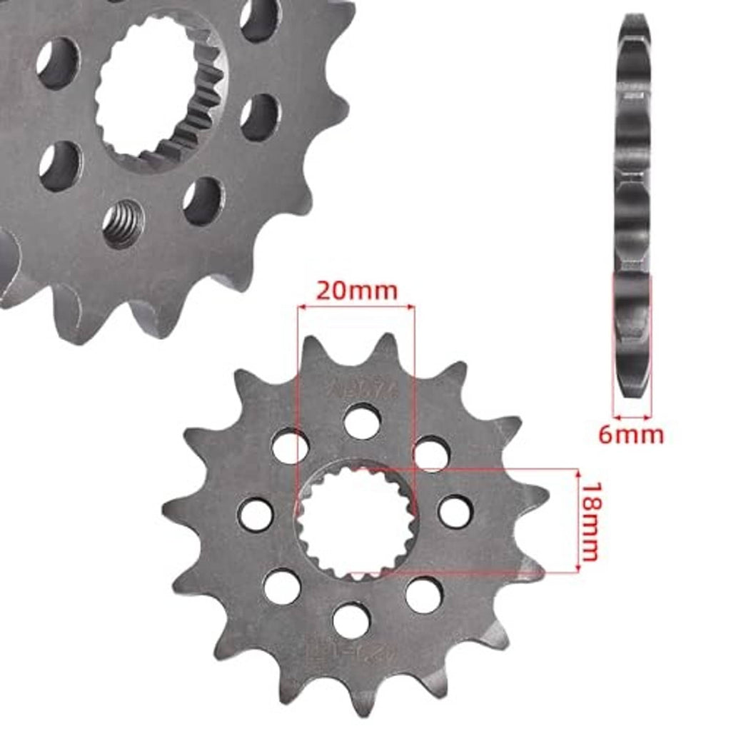 Front sprocket with 15 teeth, center spline, and several bolt holes; shown with size callouts