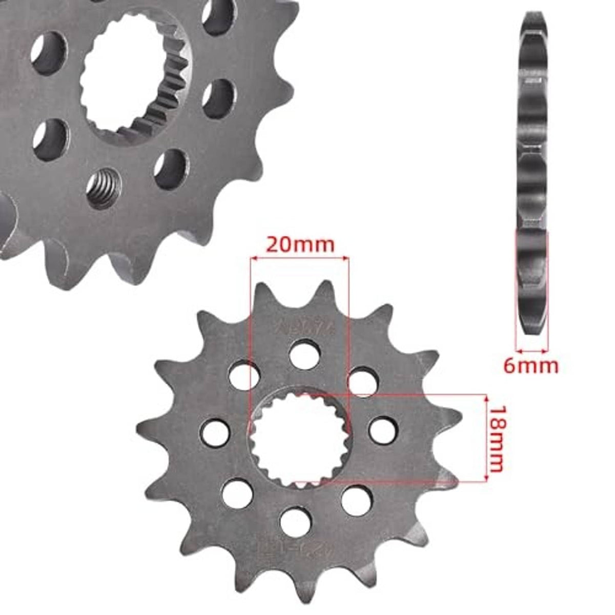 Front sprocket with 15 teeth, center spline, and several bolt holes; shown with size callouts