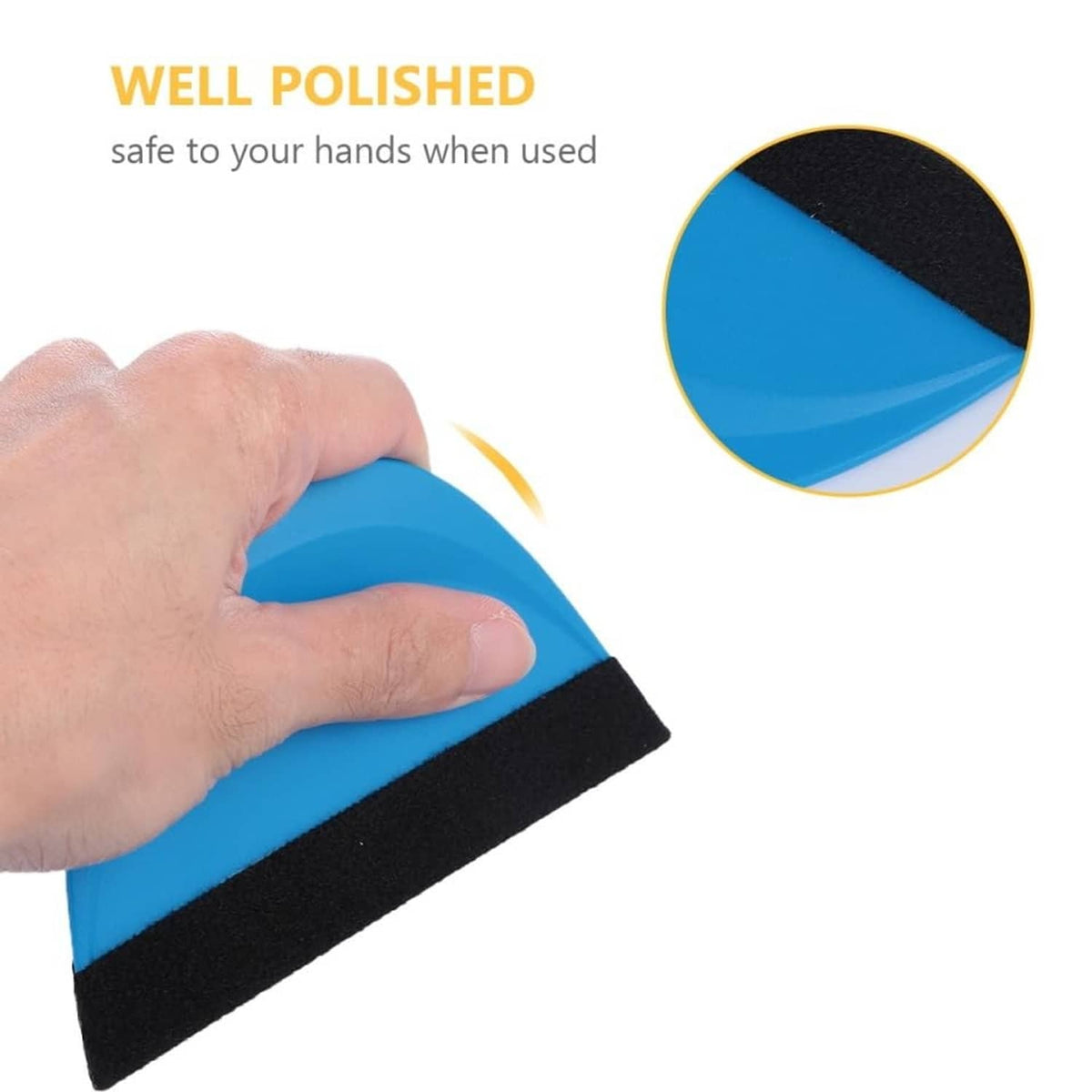 Handheld semicircular felt squeegee, blue pad with black felt edge for vinyl