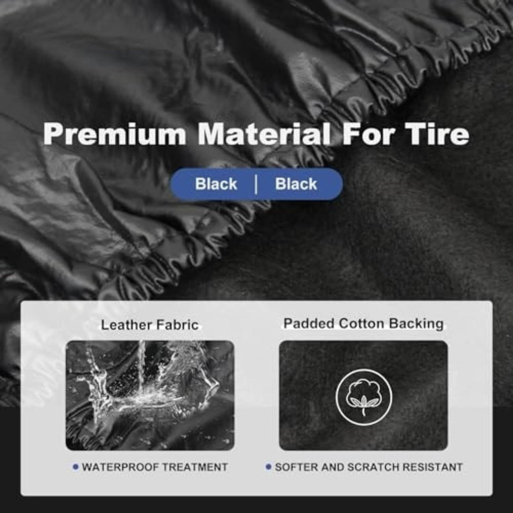 Black tire cover fabric close-up with quilted padding and stitched edge