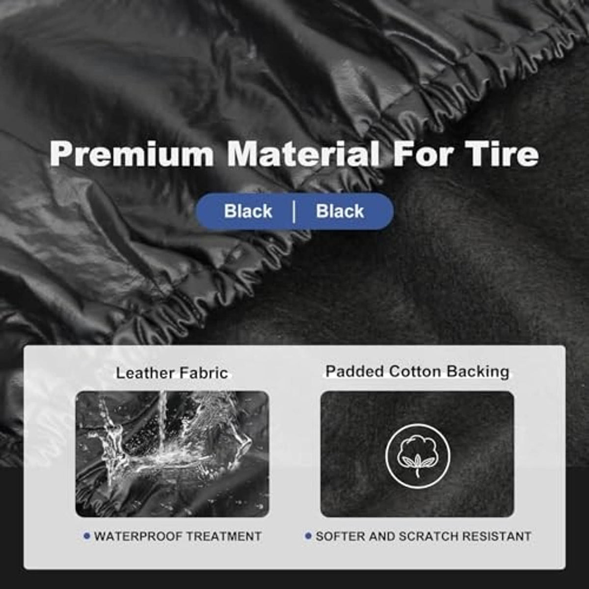 Black tire cover fabric close-up with quilted padding and stitched edge