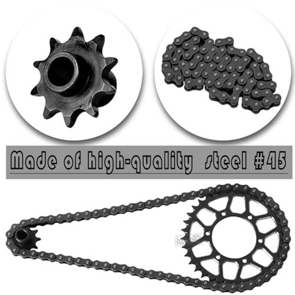 Black 36T sprocket gear with chain links and mounting hub piece