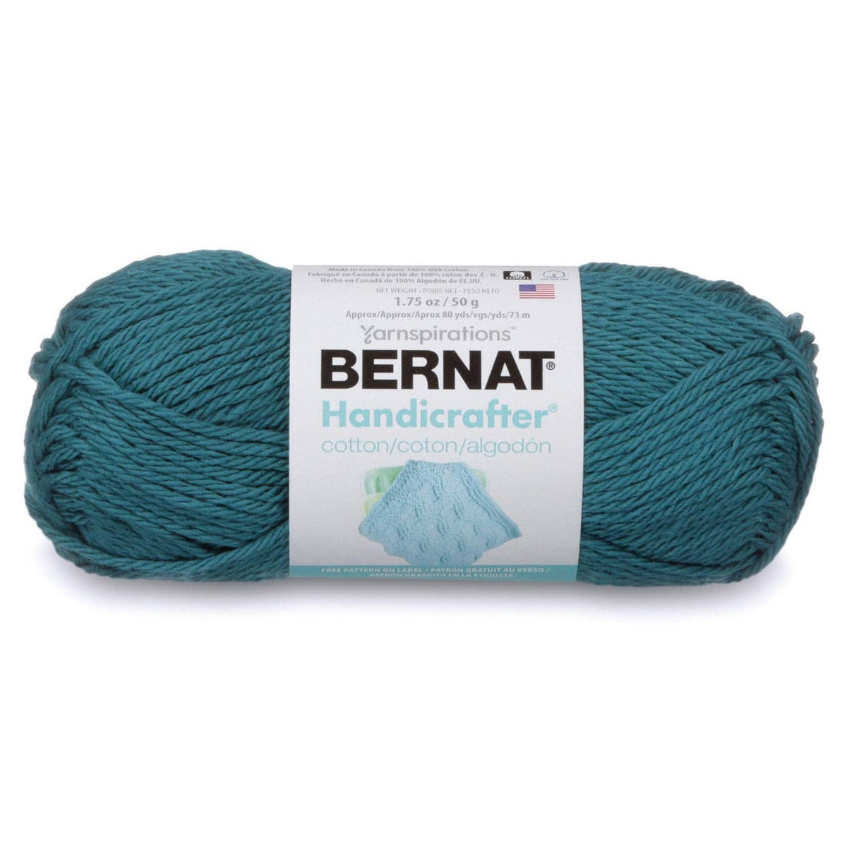 Teal-blue polyester yarn skein with Bernat Handicrafter label