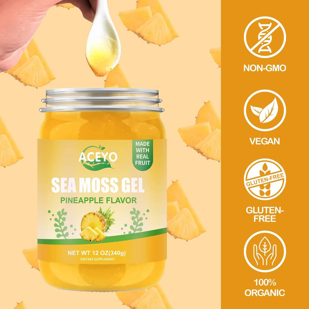 Sea moss gel jar with pineapple pieces around it, ACEYO pineapple flavor, metal lid