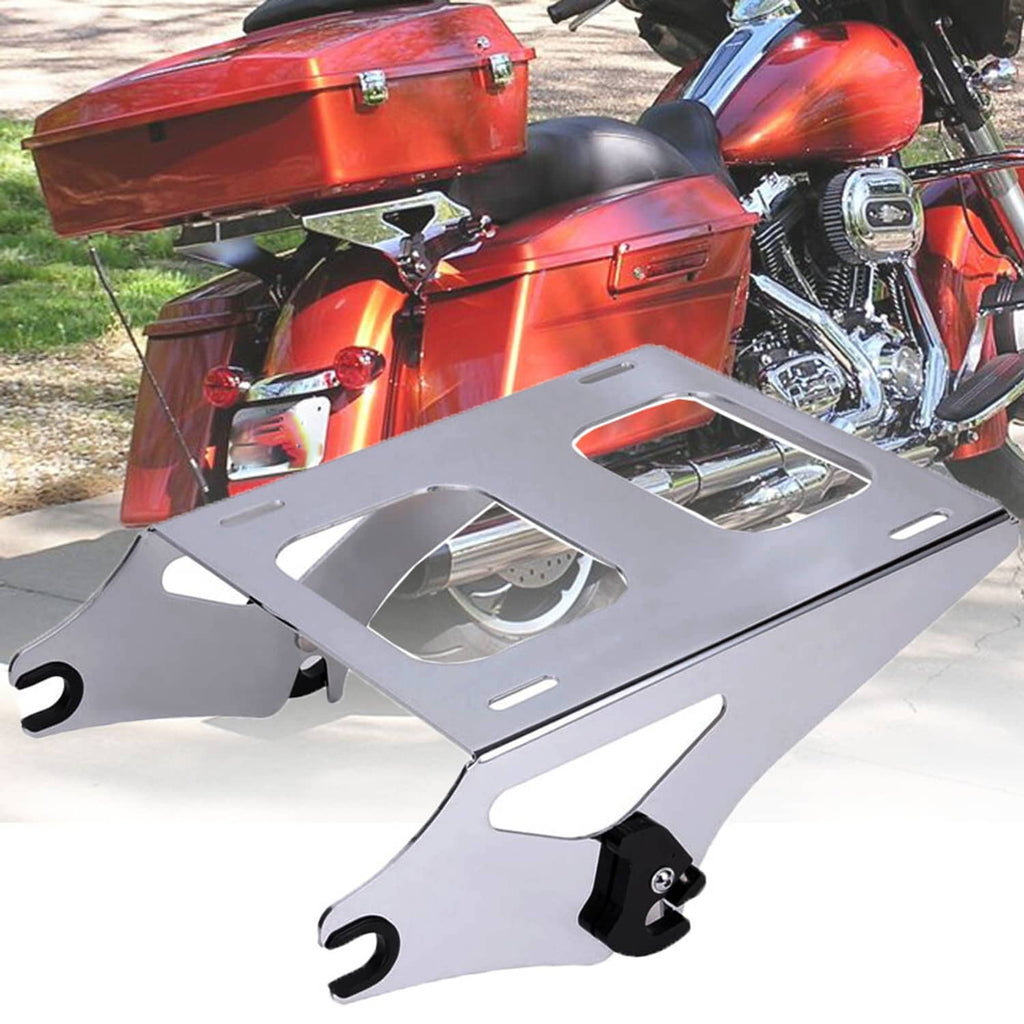 Silver motorcycle trunk mount rack bracket with black mounting hardware and hooks