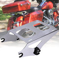 Silver motorcycle trunk mount rack bracket with black mounting hardware and hooks