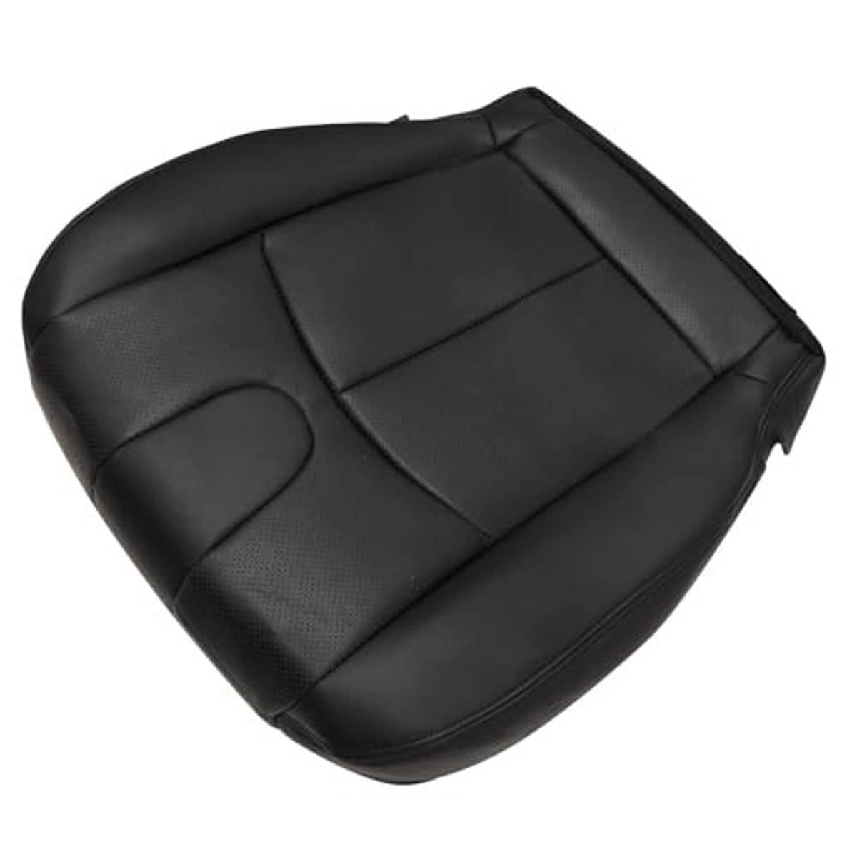 Black perforated leather seat cover with stitched panels for front driver bottom