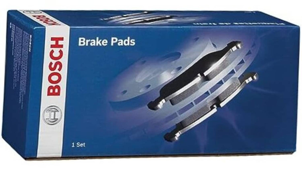 Brake pad set with hardware in a blue Bosch box with brake pads illustration