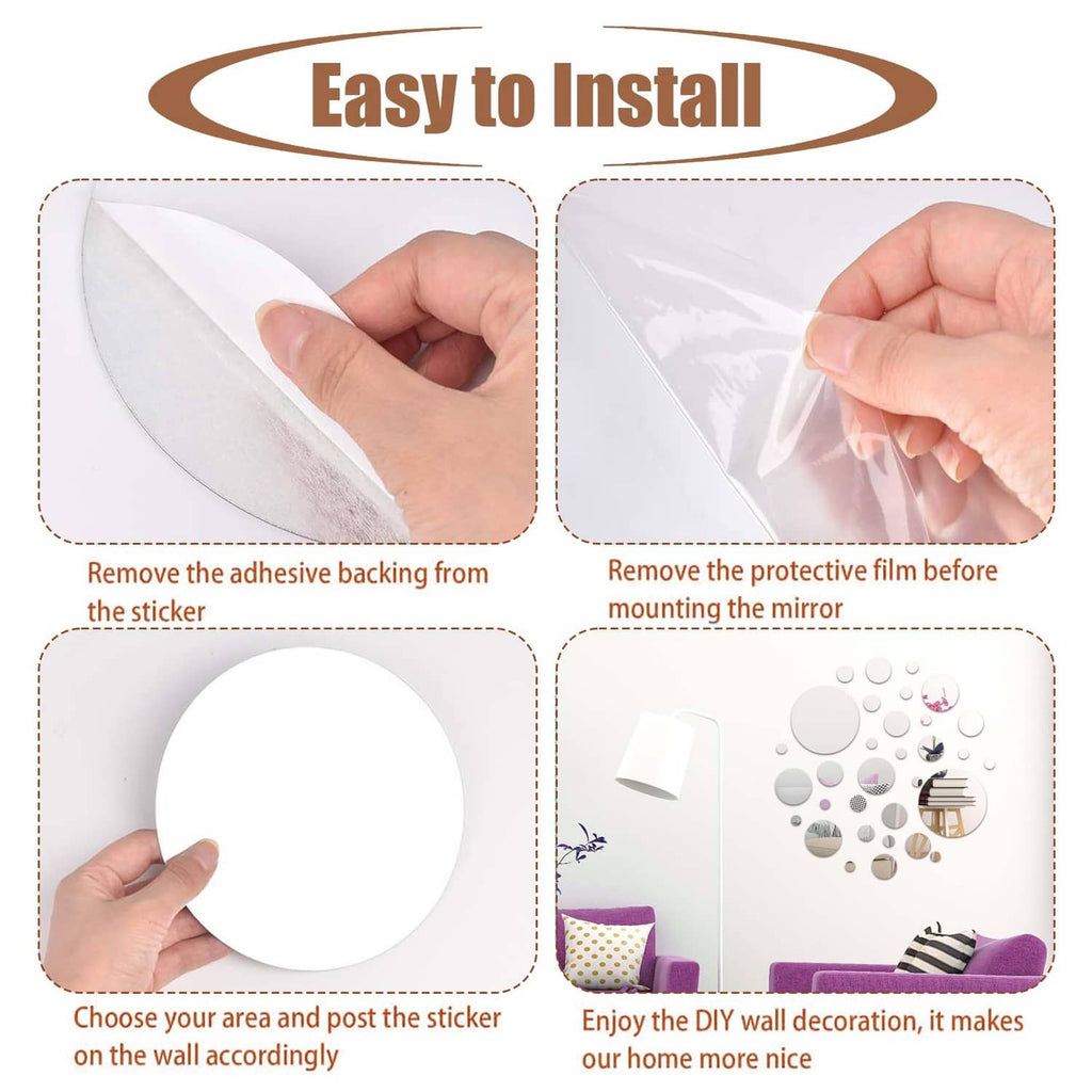 Adhesive circular mirror tile installation steps: remove backing and film