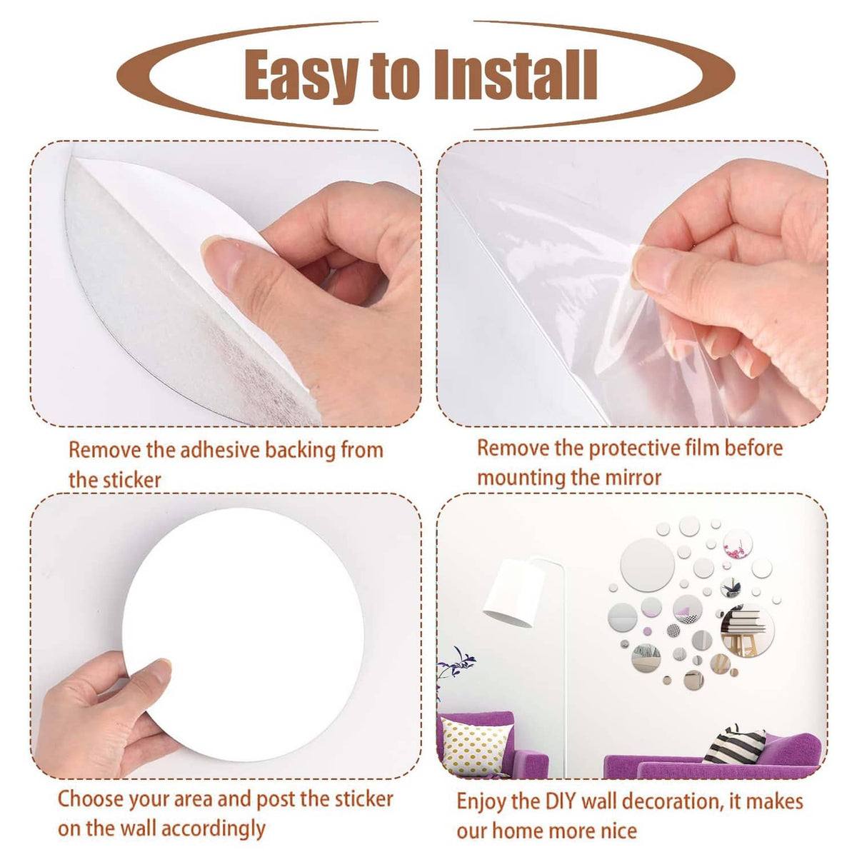Adhesive circular mirror tile installation steps: remove backing and film