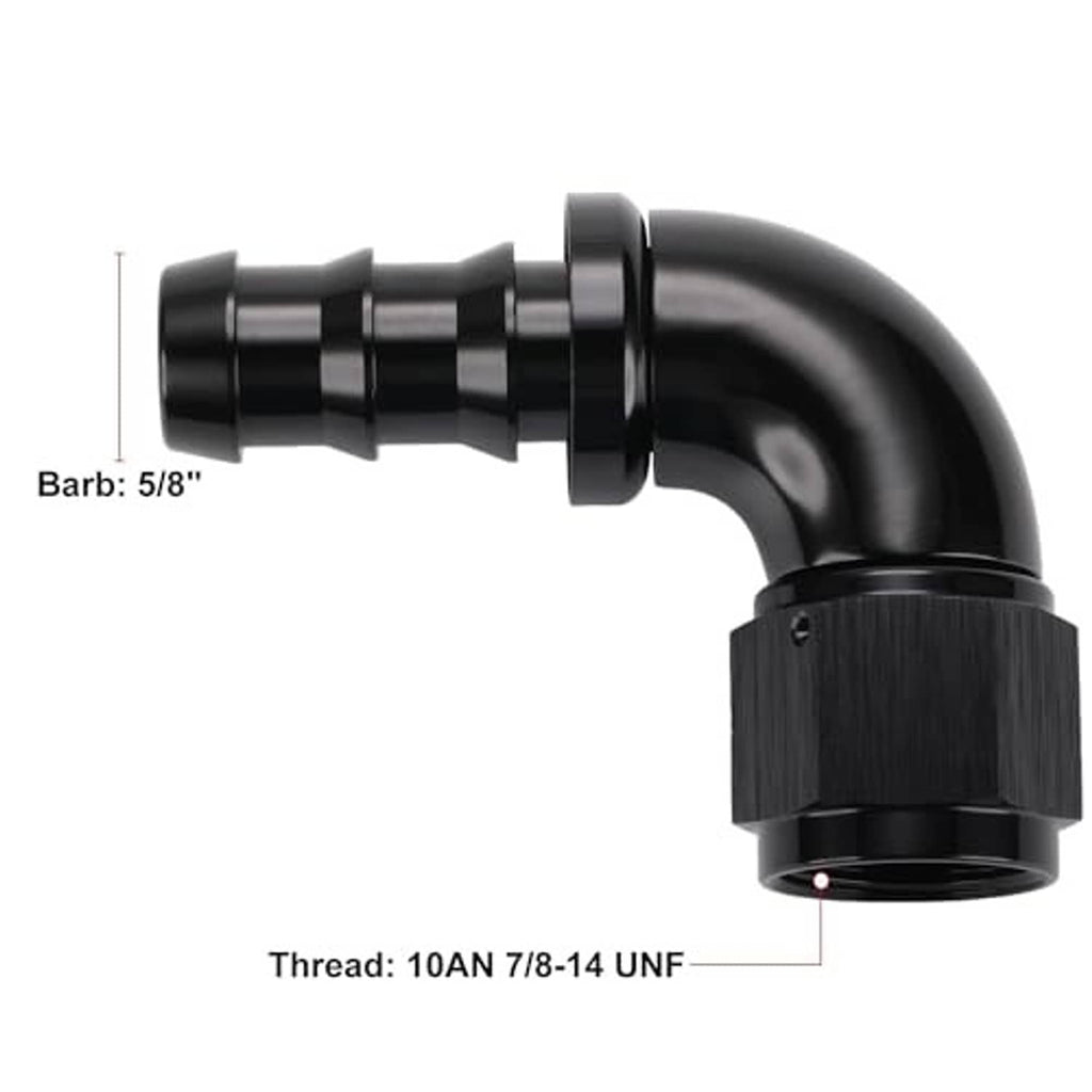 Black 90-degree push-lock elbow, 5/8 in barb and 10AN 7/8-14 UNF thread