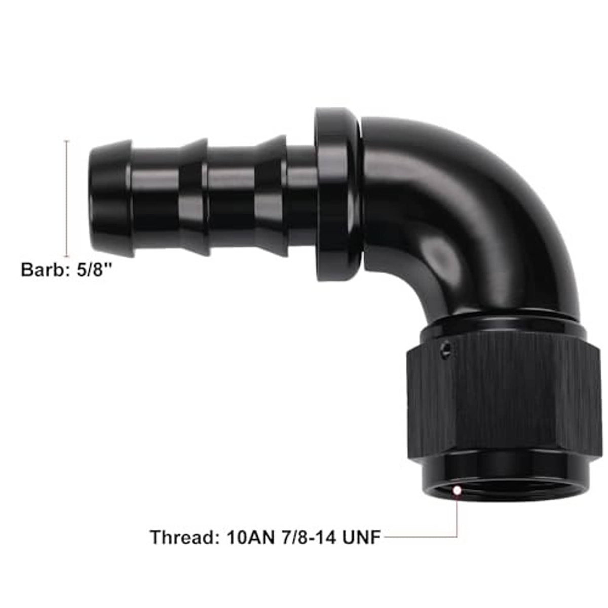 Black 90-degree push-lock elbow, 5/8 in barb and 10AN 7/8-14 UNF thread