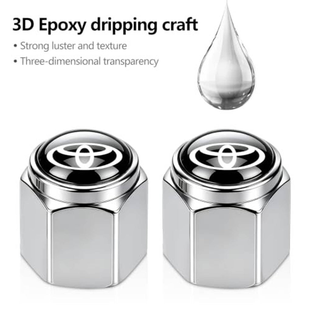 Silver metal valve stem cap with Toyota emblem black insert and glossy 3D finish