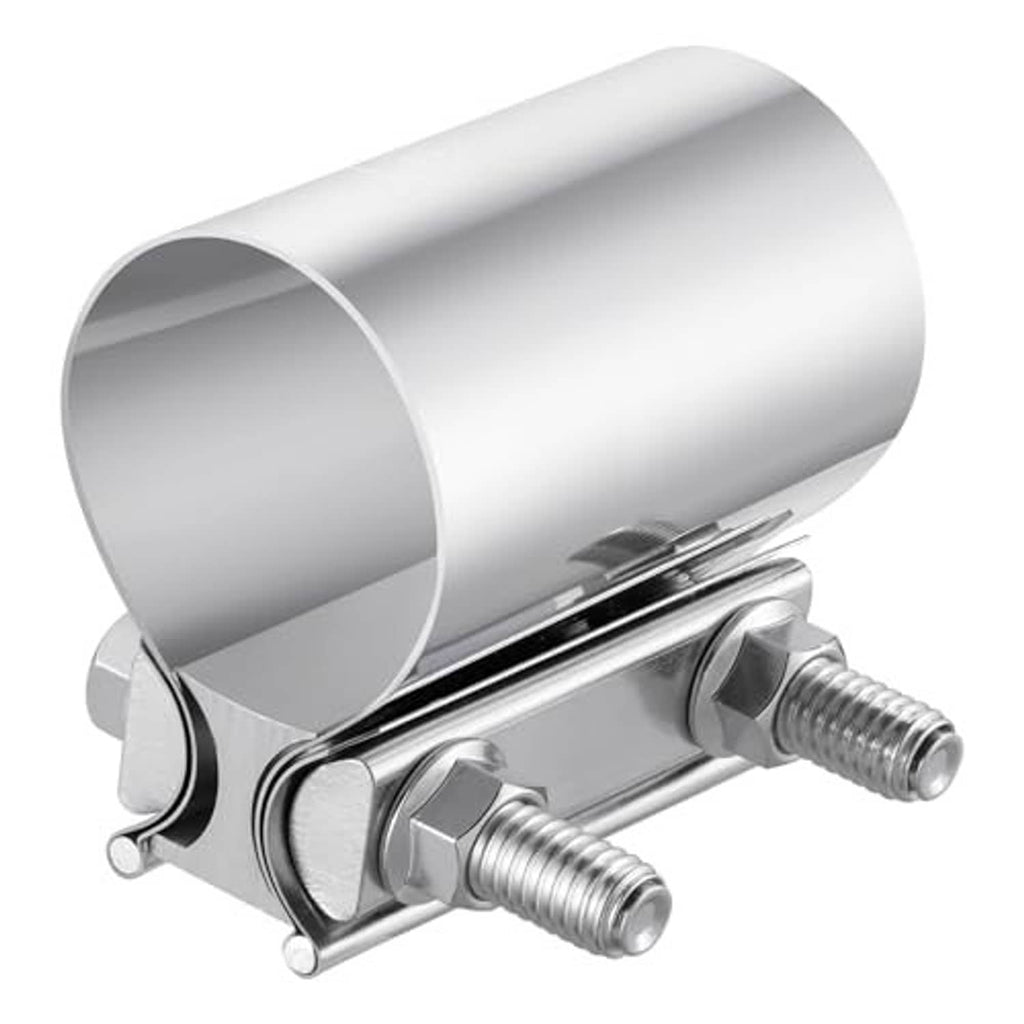 Polished metal exhaust clamp sleeve coupler with threaded bolts and band housing