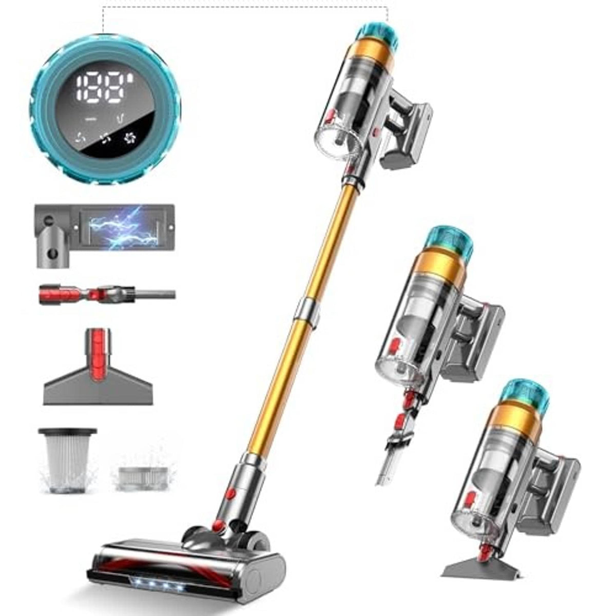Cordless stick vacuum cleaner with teal LED ring display and floor nozzle attachment