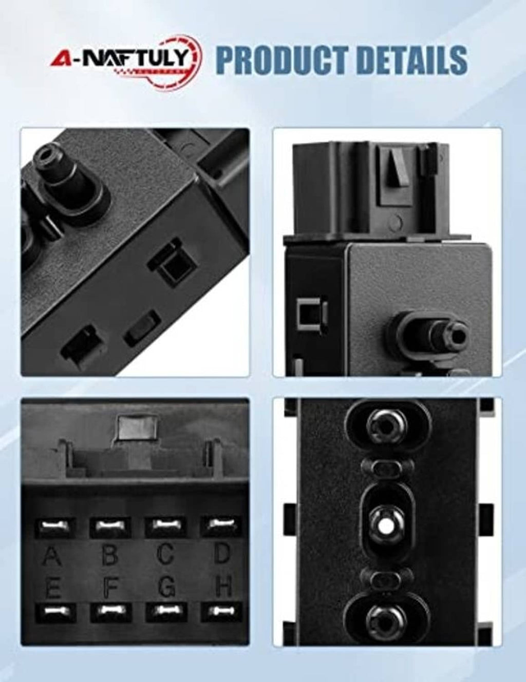Power seat switch replacement module with connector pins and knob close-ups