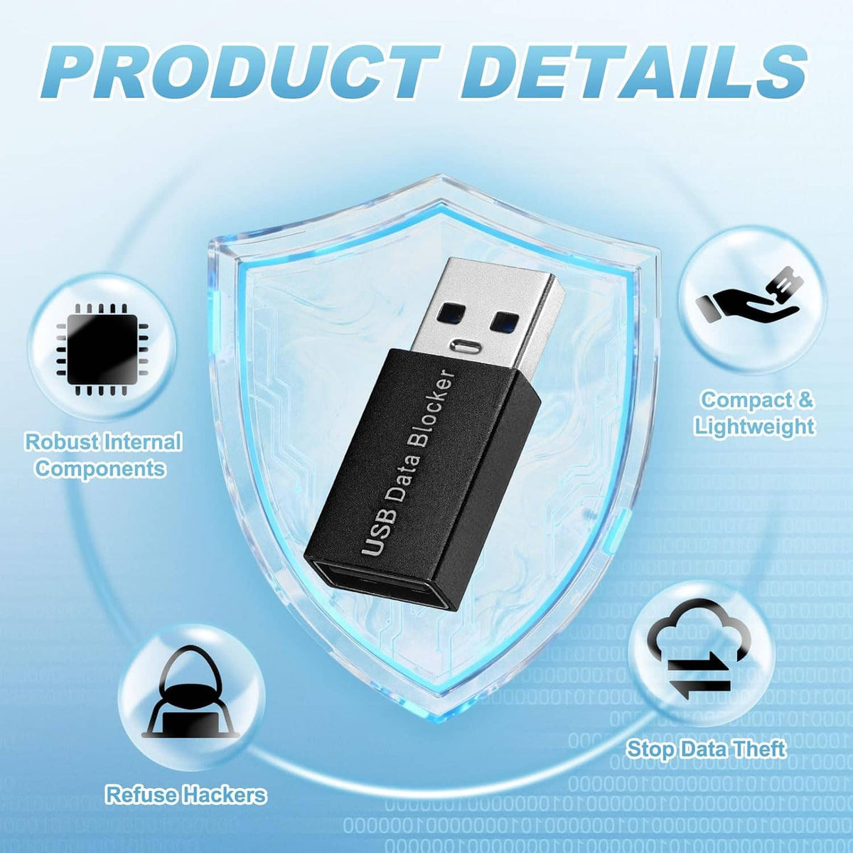 USB-A data blocker adapter shown in a shield shape, black body with silver plug