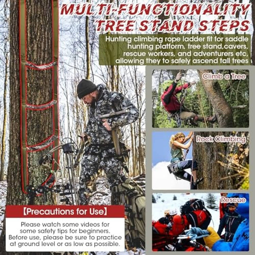 Green 4-step tree stand ladder aider with rope rungs for hunting, rescue, and climbing