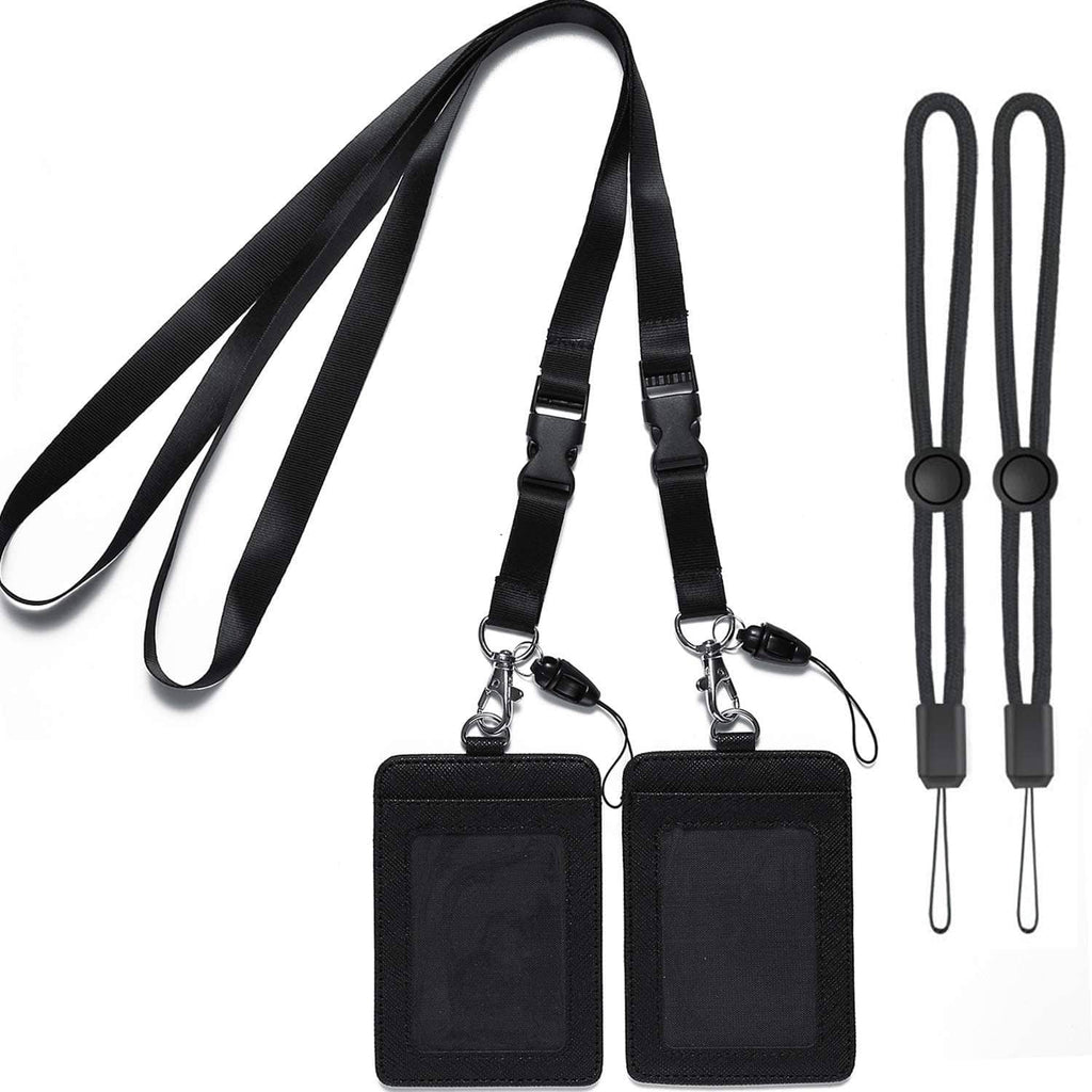 Two black badge holders with detachable lanyards and metal swivel clasps