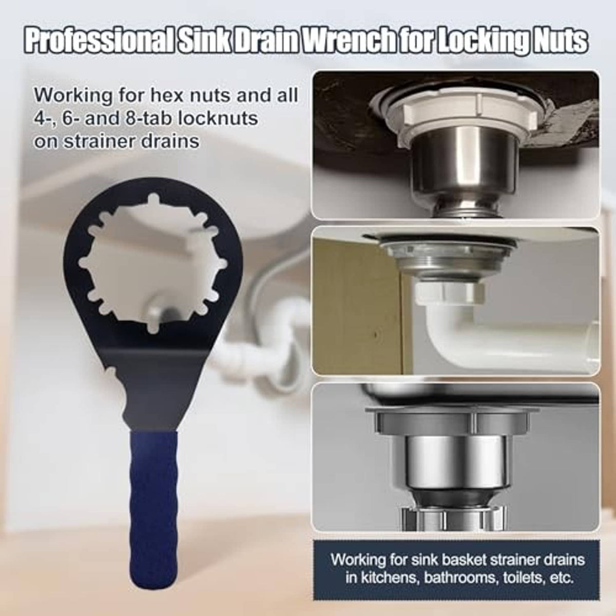 Universal sink drain wrench with black head and blue handle beside drain fittings