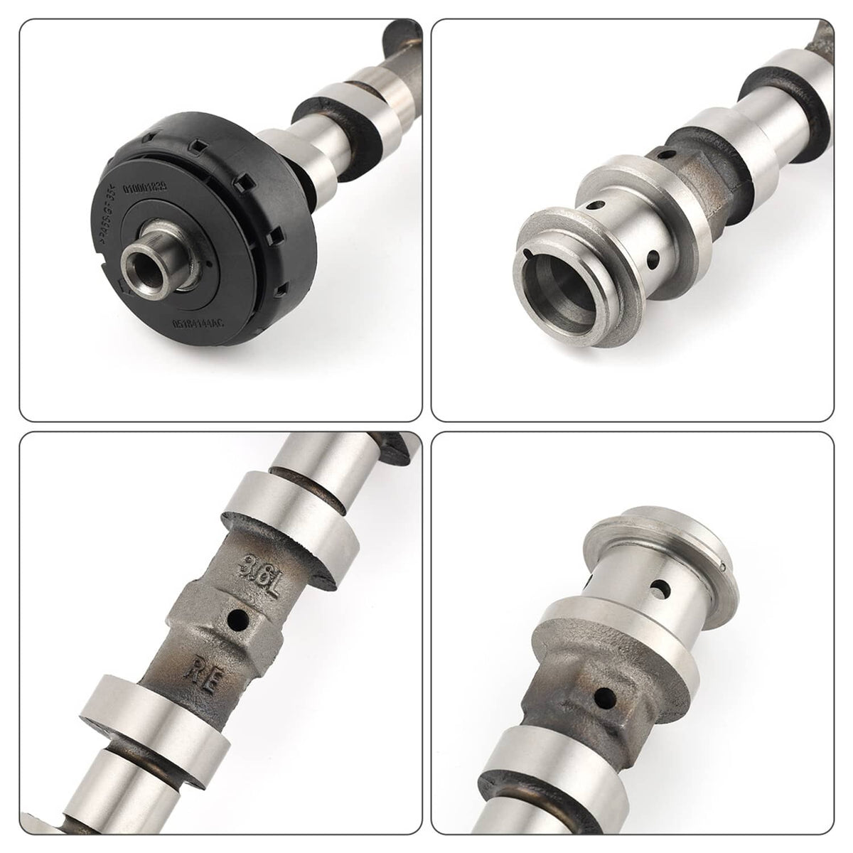 Right side exhaust camshaft detail views of black housing and machined silver shaft