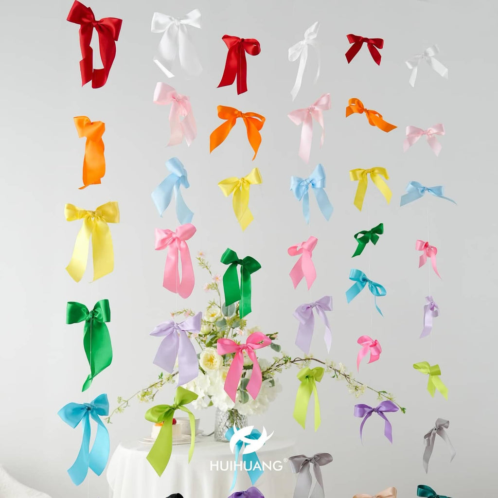 Assorted color satin ribbon bows on gift decorations, double-faced 1-inch set