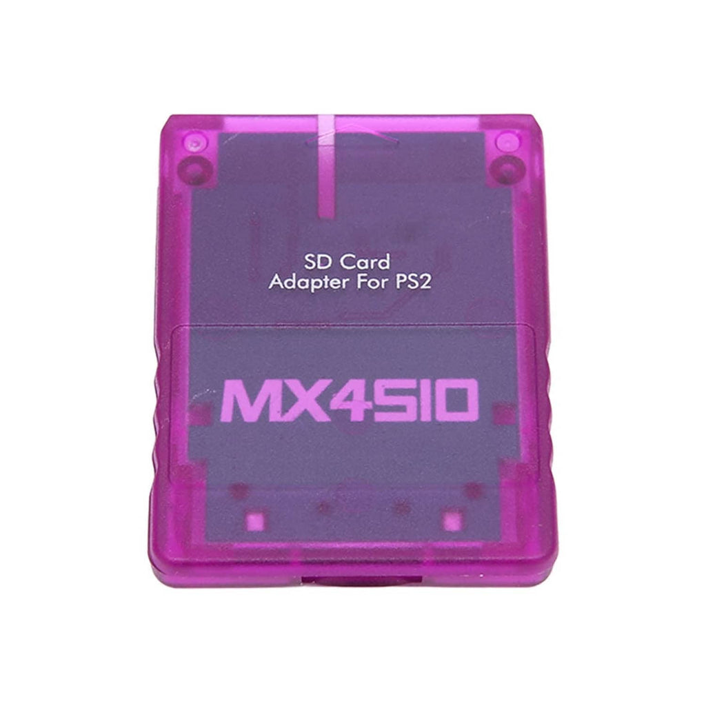 Purple translucent SD card adapter for PS2, straight-on view of label area and logo.
