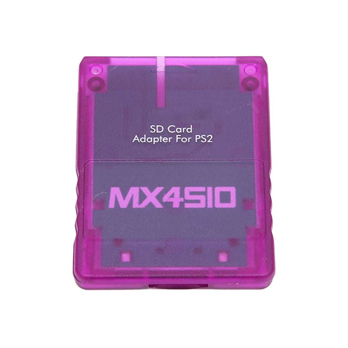 Purple translucent SD card adapter for PS2, straight-on view of label area and logo.
