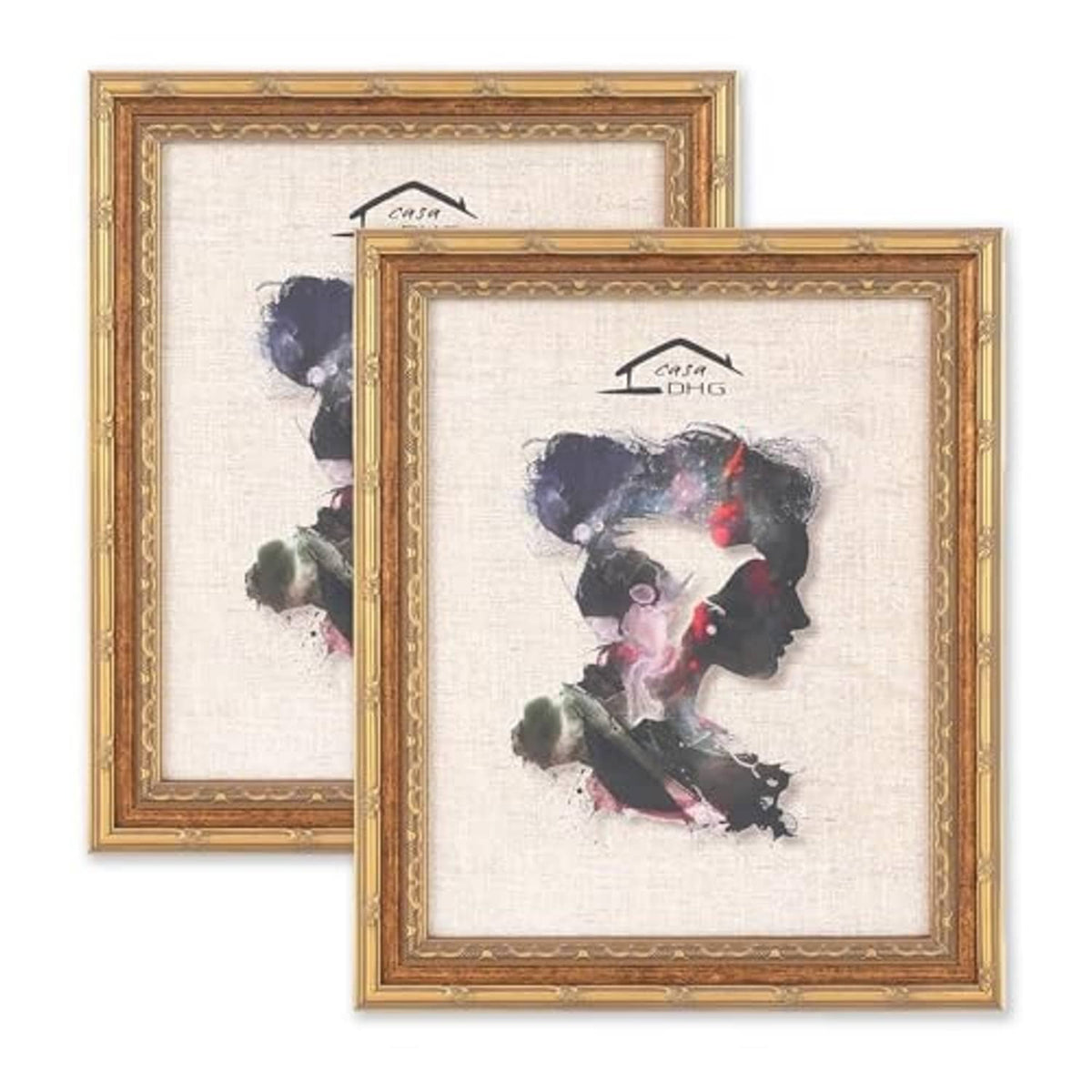 Two 11x14 vintage picture frames with gold-toned trim and floral-patterned artwork