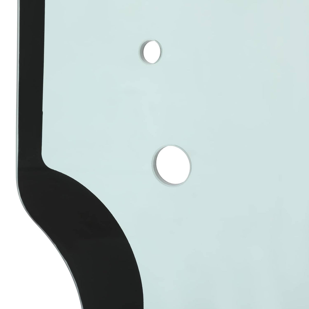 Close-up of light blue window glass with two round mounting holes and black edge