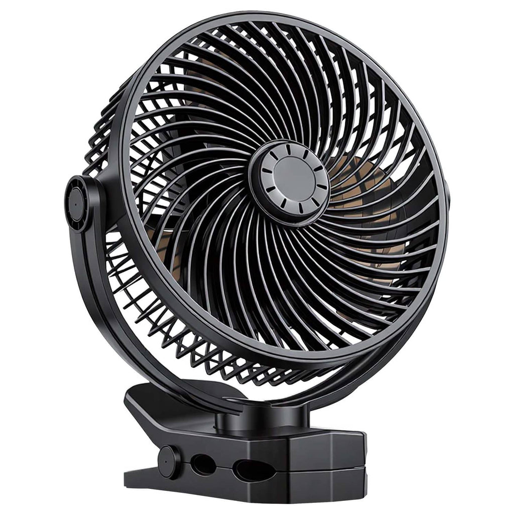 Portable USB rechargeable fan with black grille and sturdy clamp stand
