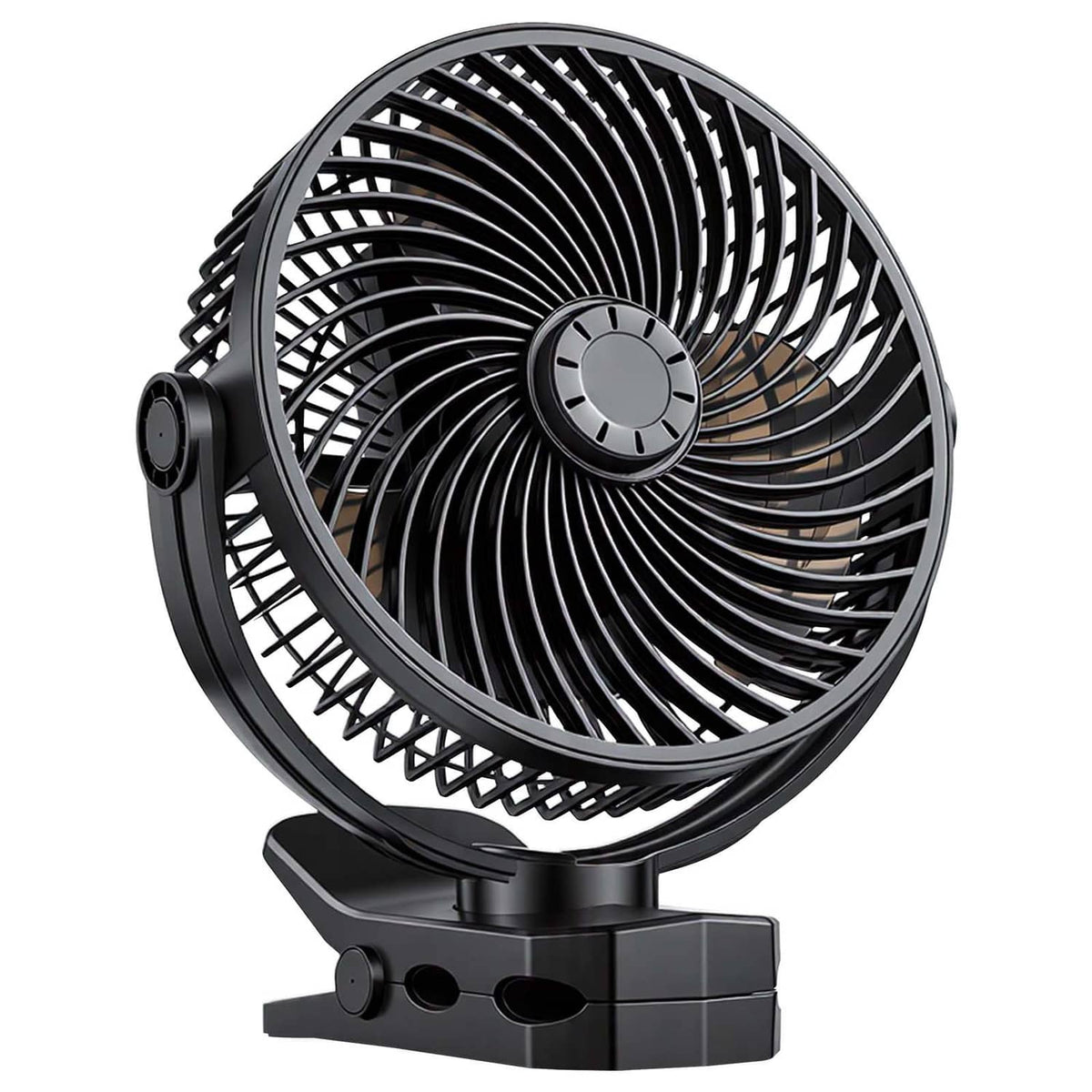Portable USB rechargeable fan with black grille and sturdy clamp stand
