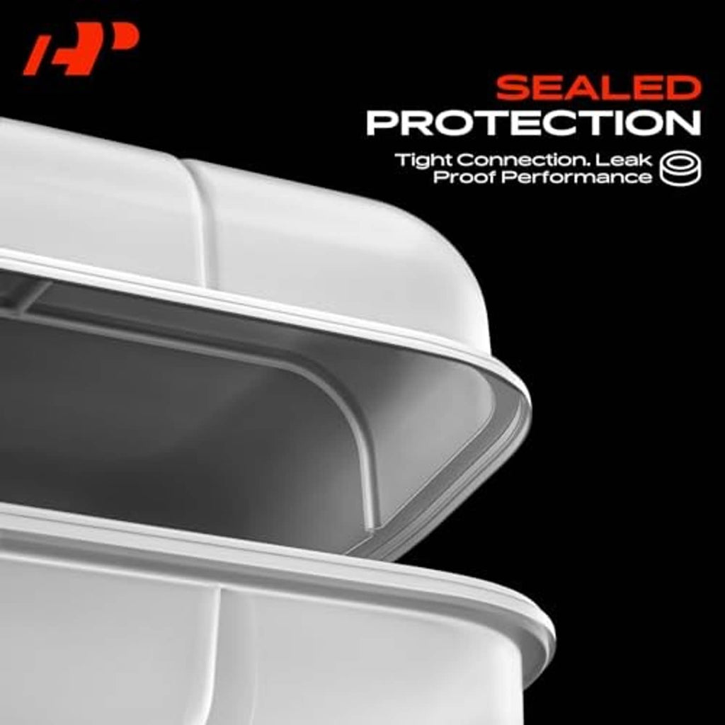 Close-up of coolant reservoir cap area with sealed connection, white plastic tank