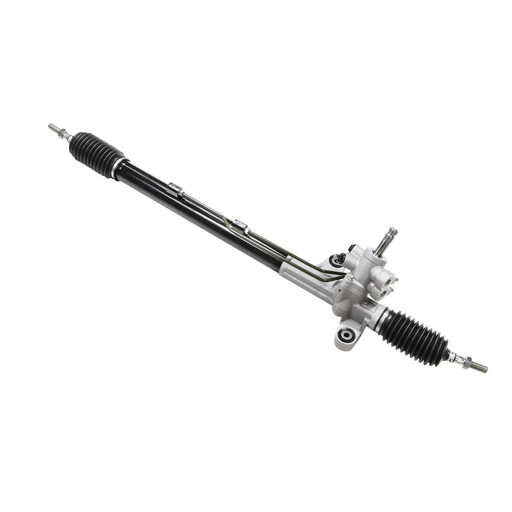 Power steering rack and pinion assembly with black shaft, silver joints, and tie rod ends