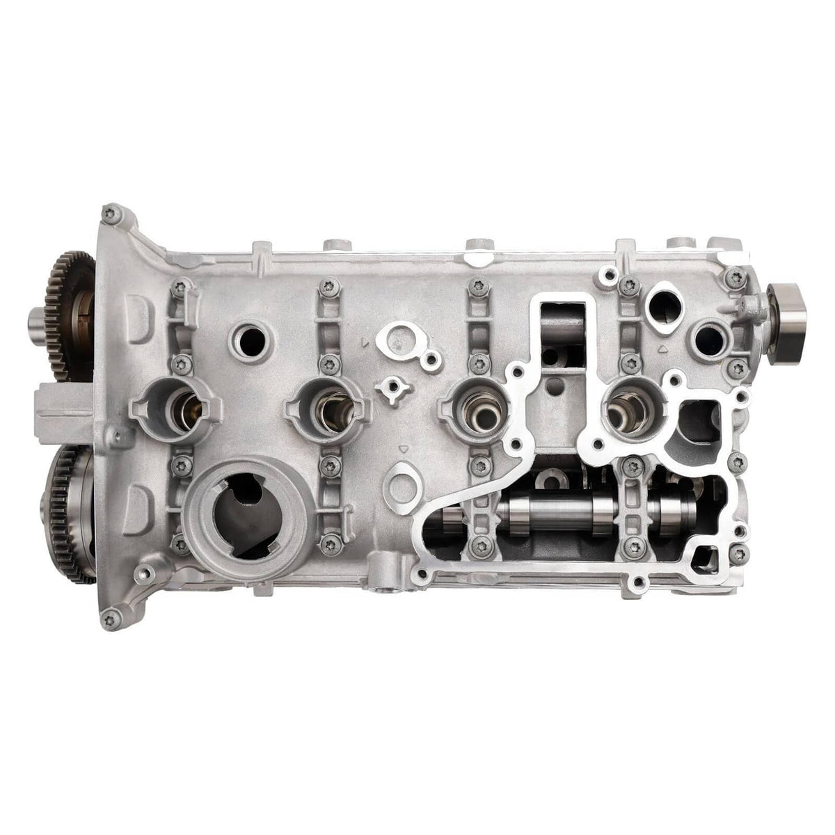 Cylinder head assembly side view with connector ports and gear housing details