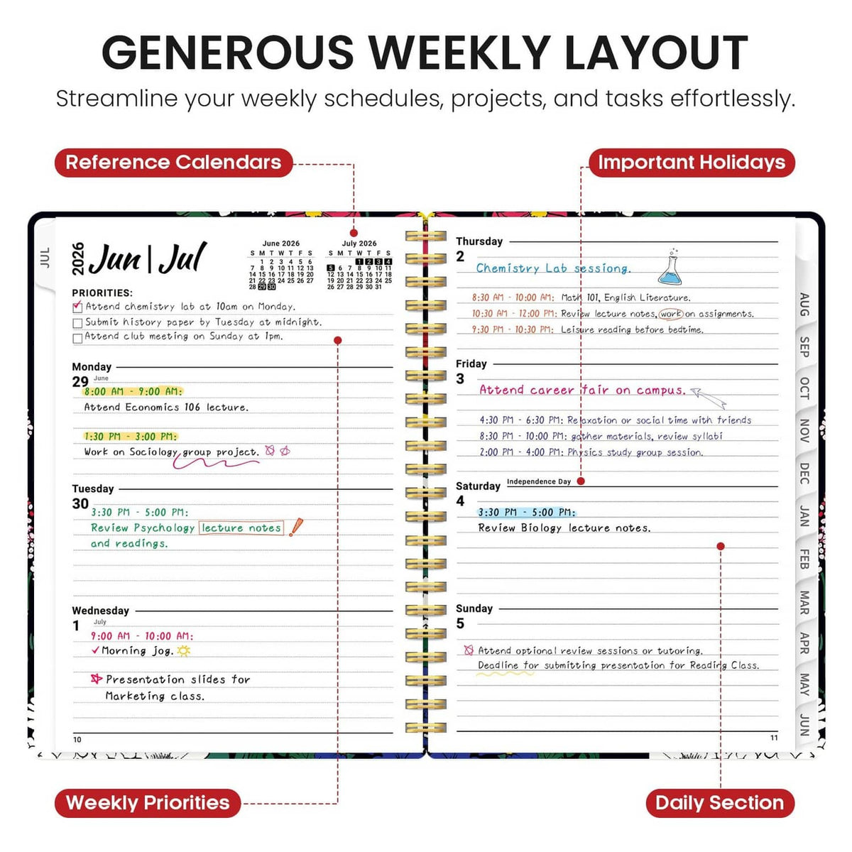 Weekly planner spread with schedule blocks, priorities, and important holiday sections