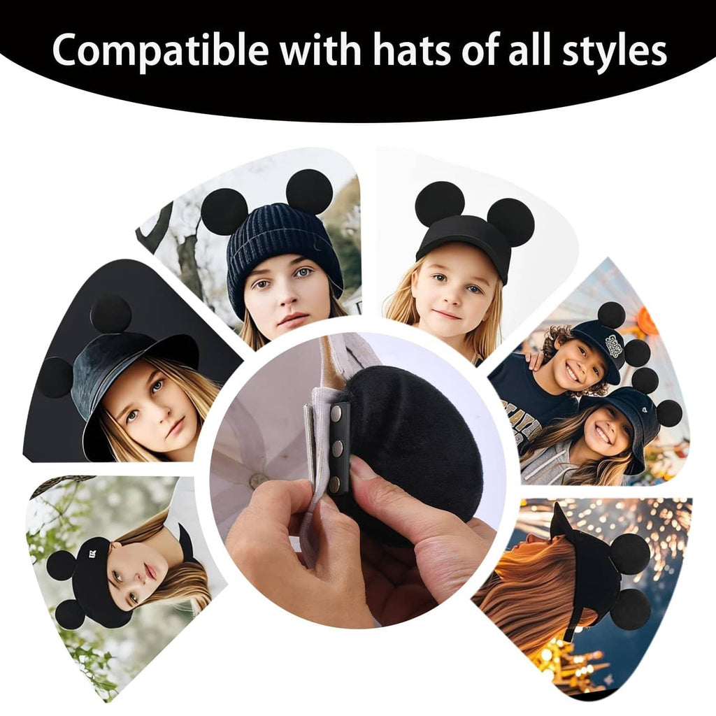 Black magnetic mouse-ear hat accessories shown on different hat styles collage.