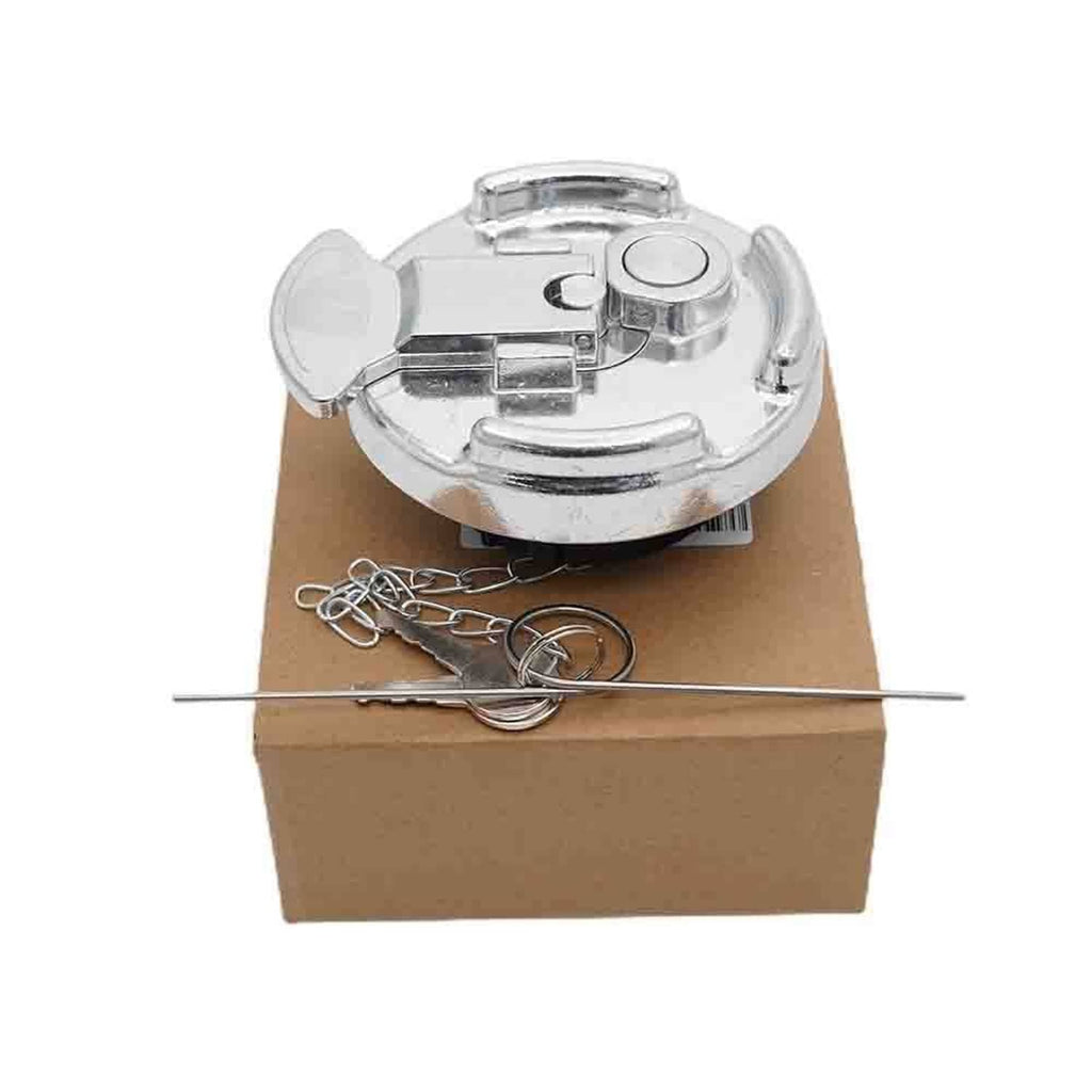 Locking diesel fuel cap with keys and metal chain, chrome aluminum with mounting stem