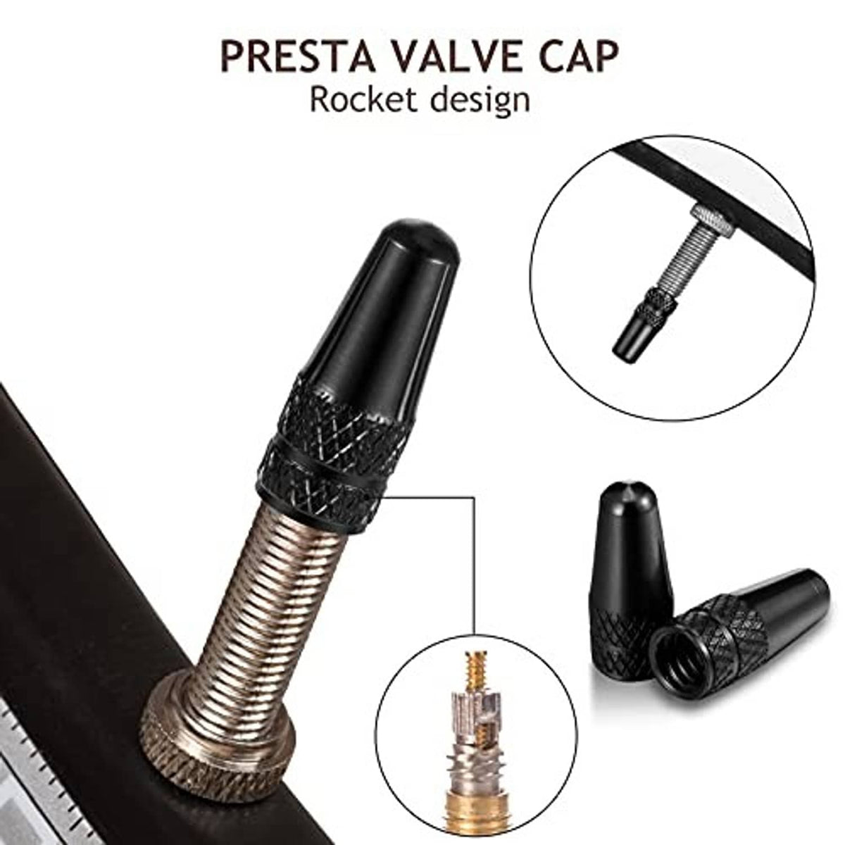 Black rocket-style Presta valve cap with textured grip and visible threaded insert