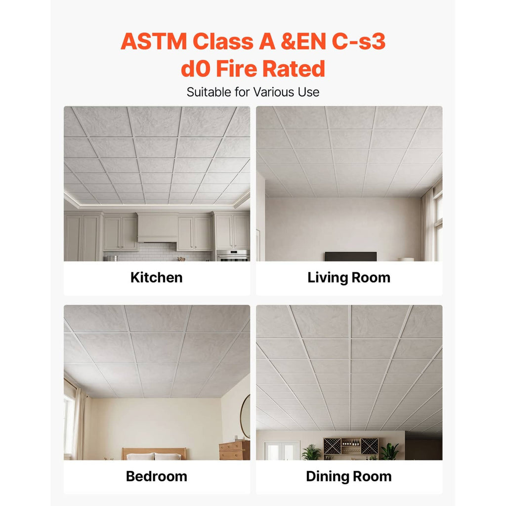 White marble-look PVC ceiling tiles shown in kitchen, living room, bedroom, and dining room
