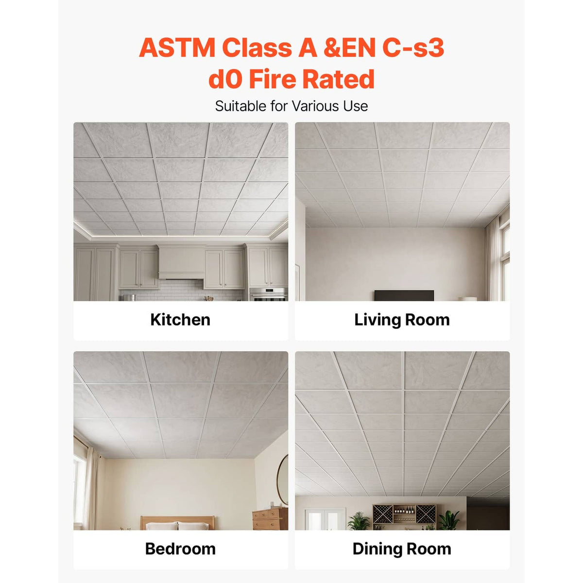 White marble-look PVC ceiling tiles shown in kitchen, living room, bedroom, and dining room