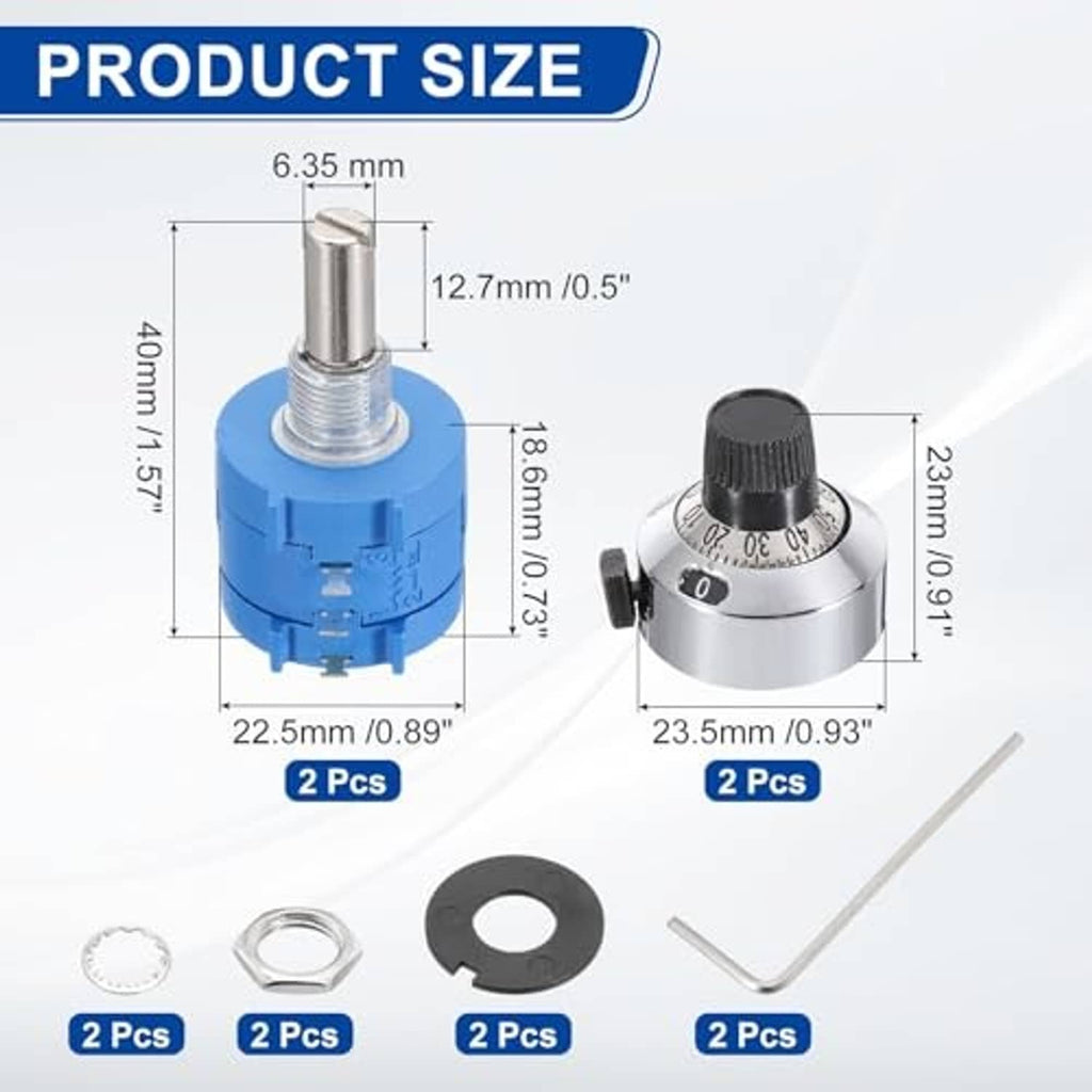 Potentiometer set with blue base and silver shaft, shown with size measurements and hardware