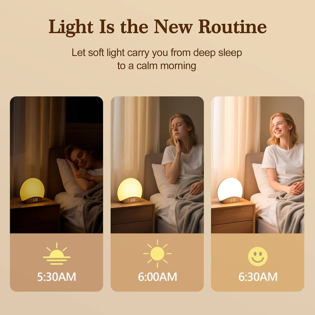 Sunrise alarm clock nightlight with warm light glow on a bedside table
