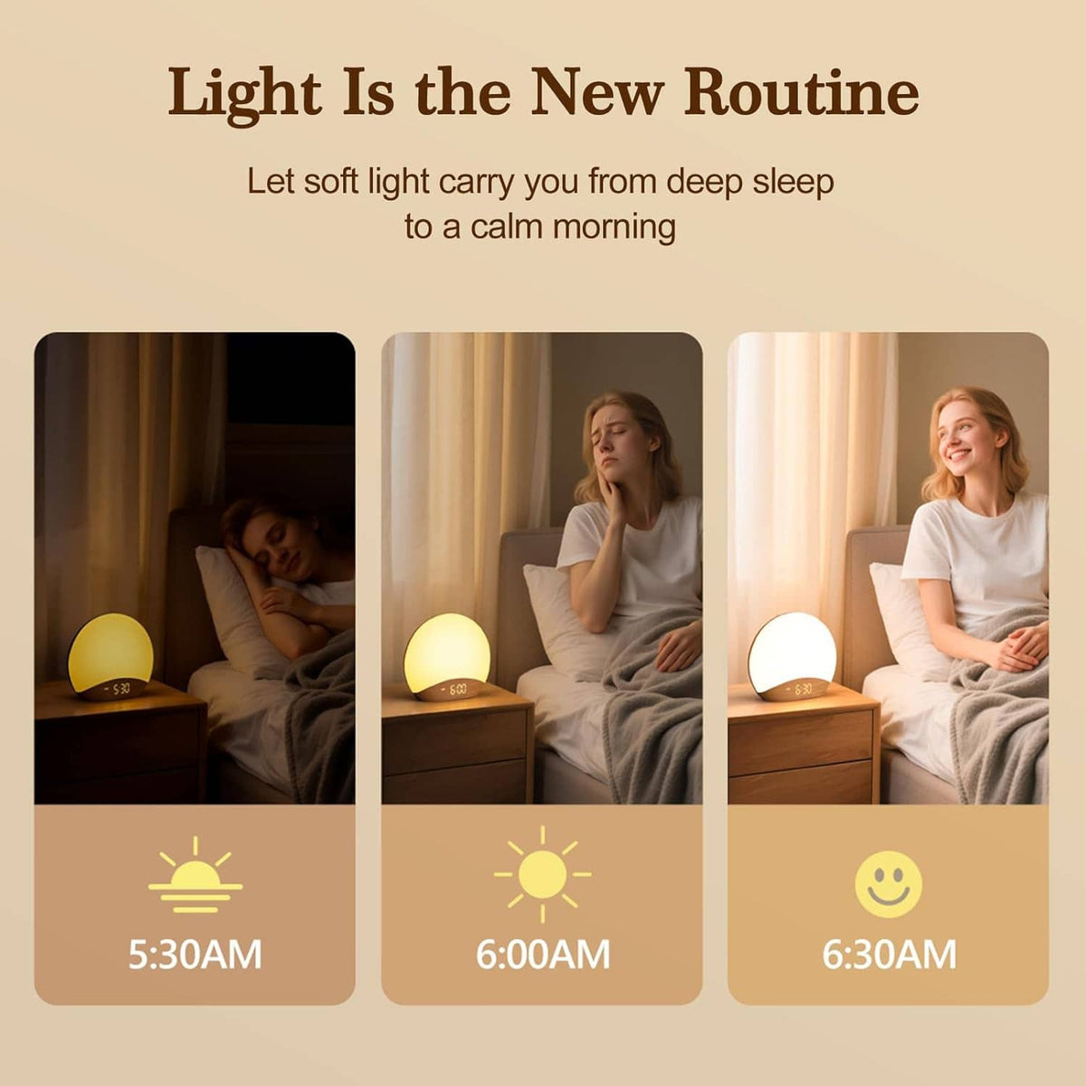 Sunrise alarm clock nightlight with warm light glow on a bedside table