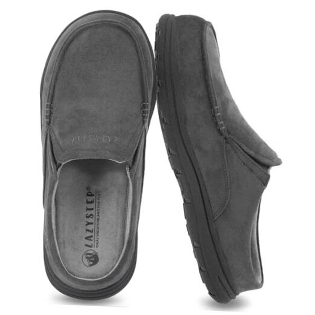 Men's slate grey cushioned clog slipper with open-back design, suede-like upper