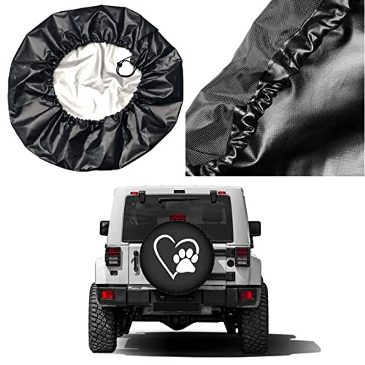 Spare tire cover with heart paw logo; drawstring bag and fabric close-up