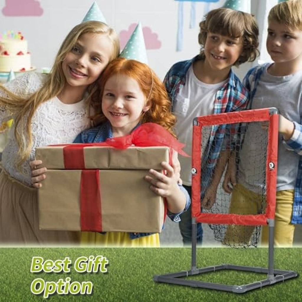 Baseball strike zone trainer with red netted target and sturdy gray base stand