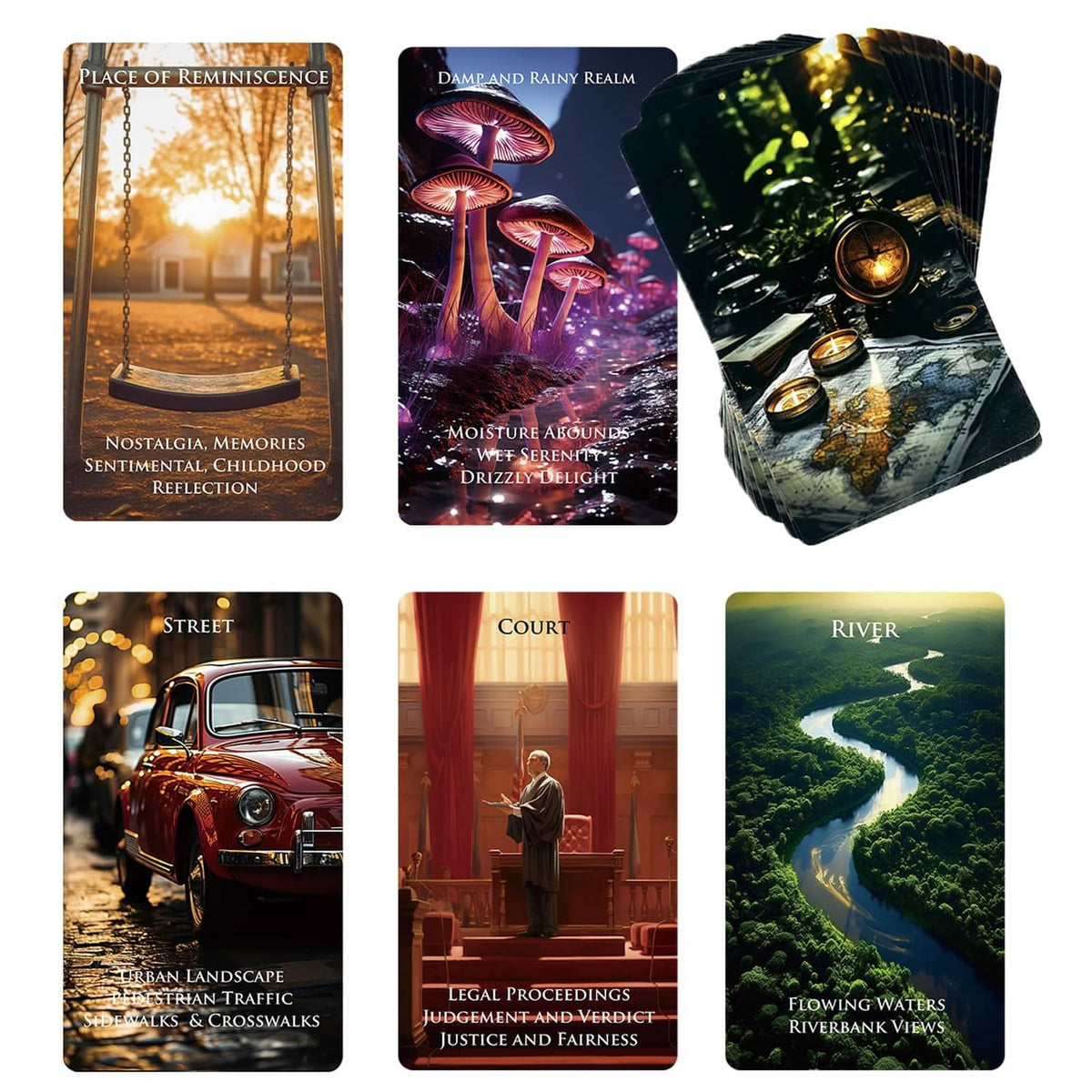 Location oracle cards with gold-foil clock and path river scenes, plus three more cards
